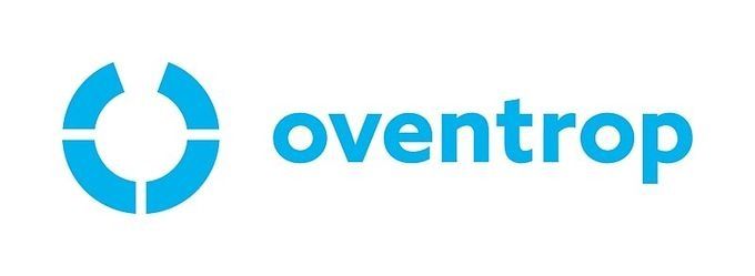 Oventrop-Logo: Ein blaues, kreisförmiges Design mit vier offenen Segmenten neben dem Wort „oventrop“ in Blau.