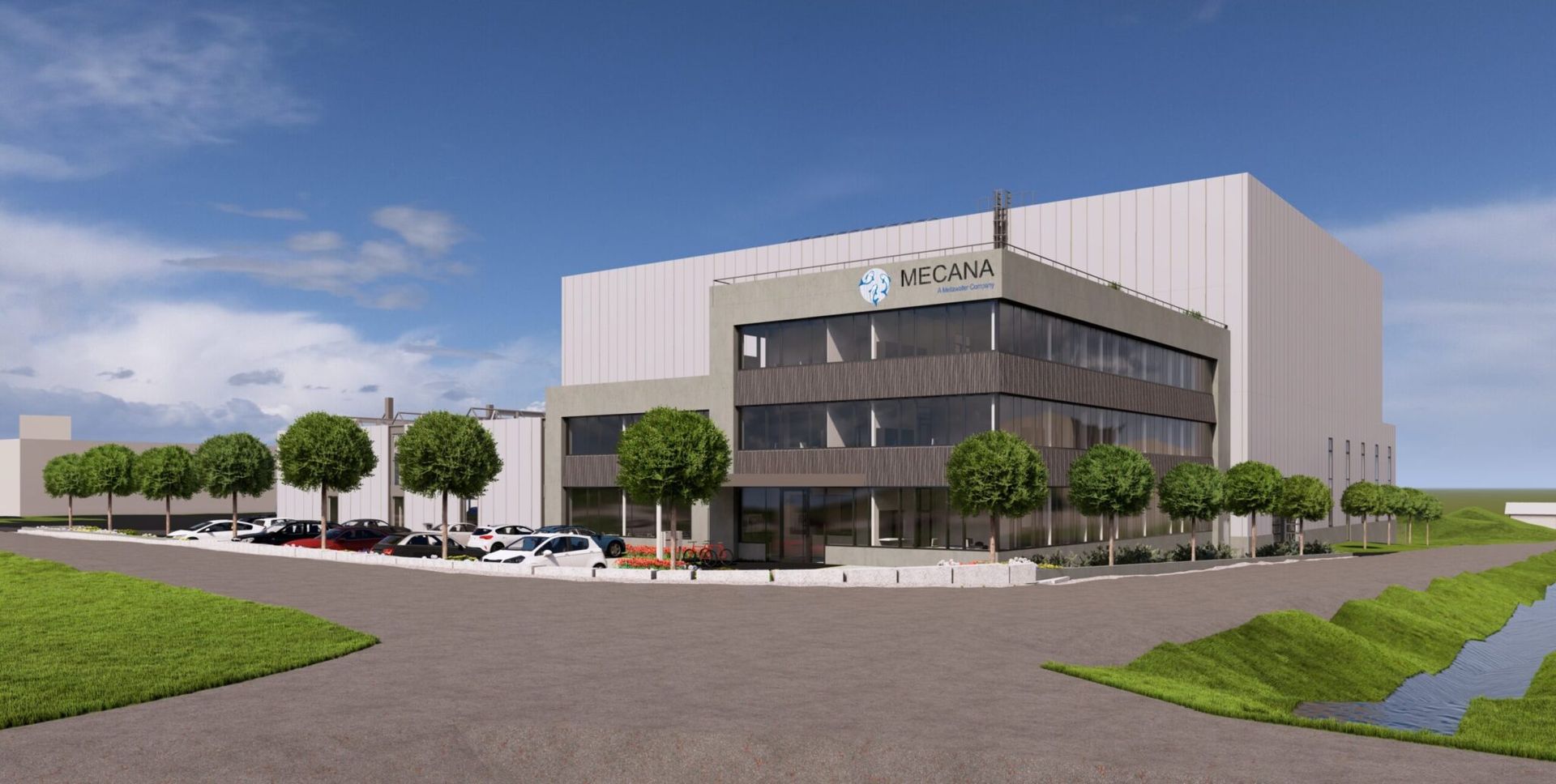 Darstellung eines modernen Bürogebäudes mit geparkten Autos, Bäumen und blauem Himmel.