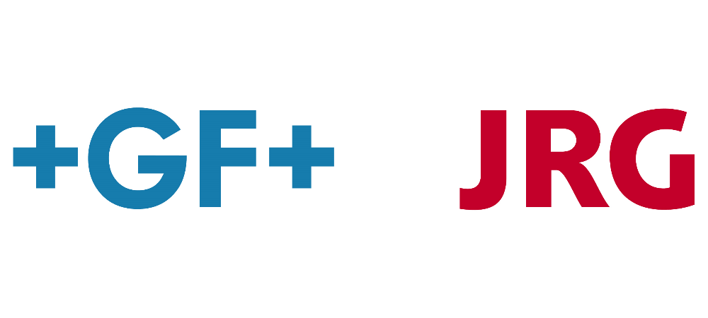 Das Logo für +gf + jrg ist blau und rot auf weißem Hintergrund.