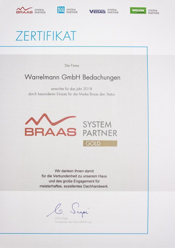 Ein braas Systempartner-Zertifikat mit Unterschrift
