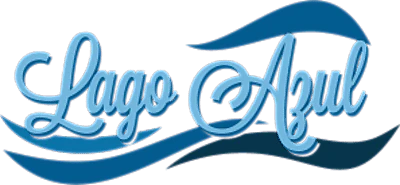 Un logotipo para Lago Azul con ondas azules sobre un fondo blanco.