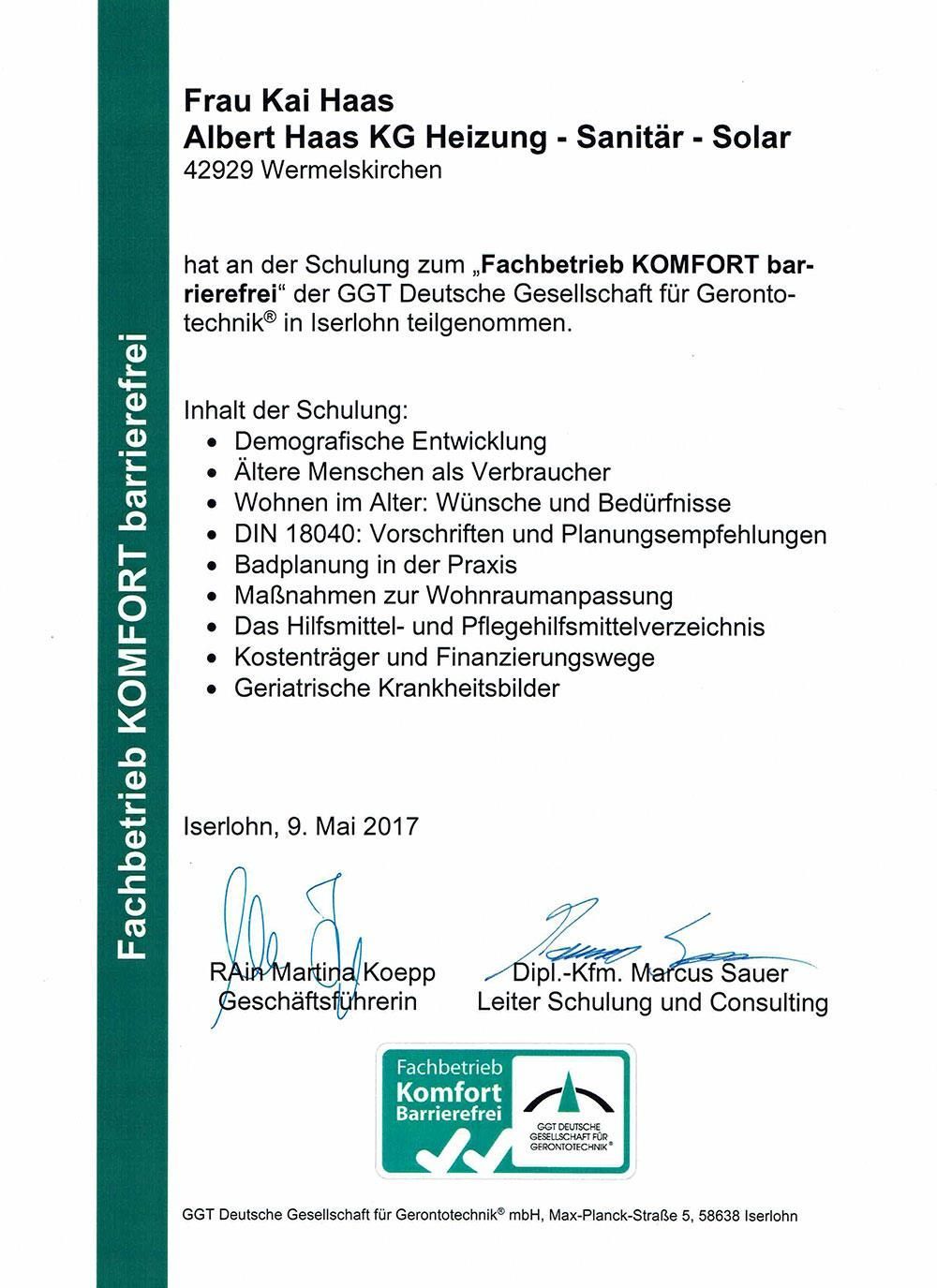 A certificate that says fachbetrieb komfort barrieretrol on it
