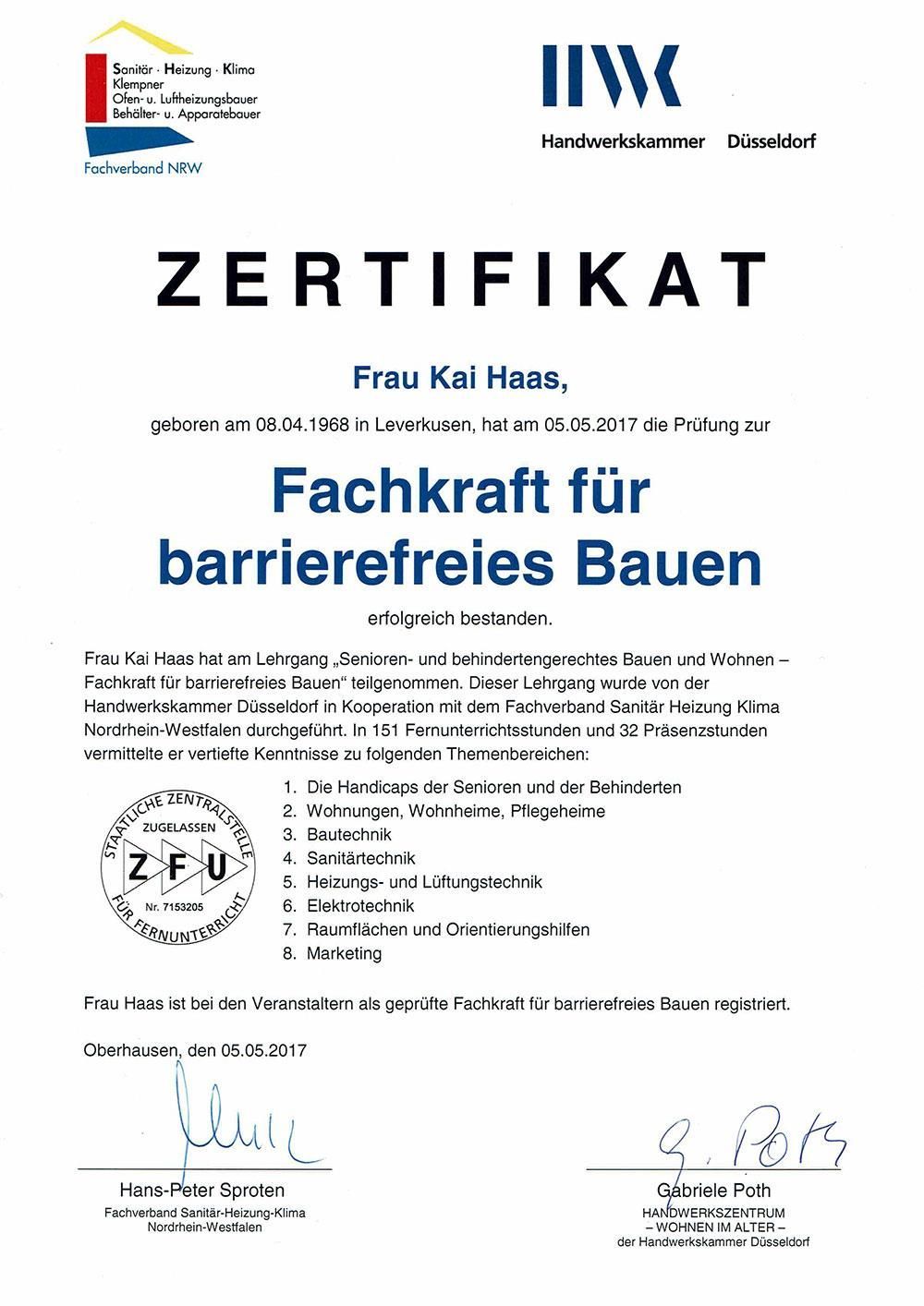 A certificate that says zertifikat fachkraft fur barrierefreies bauen