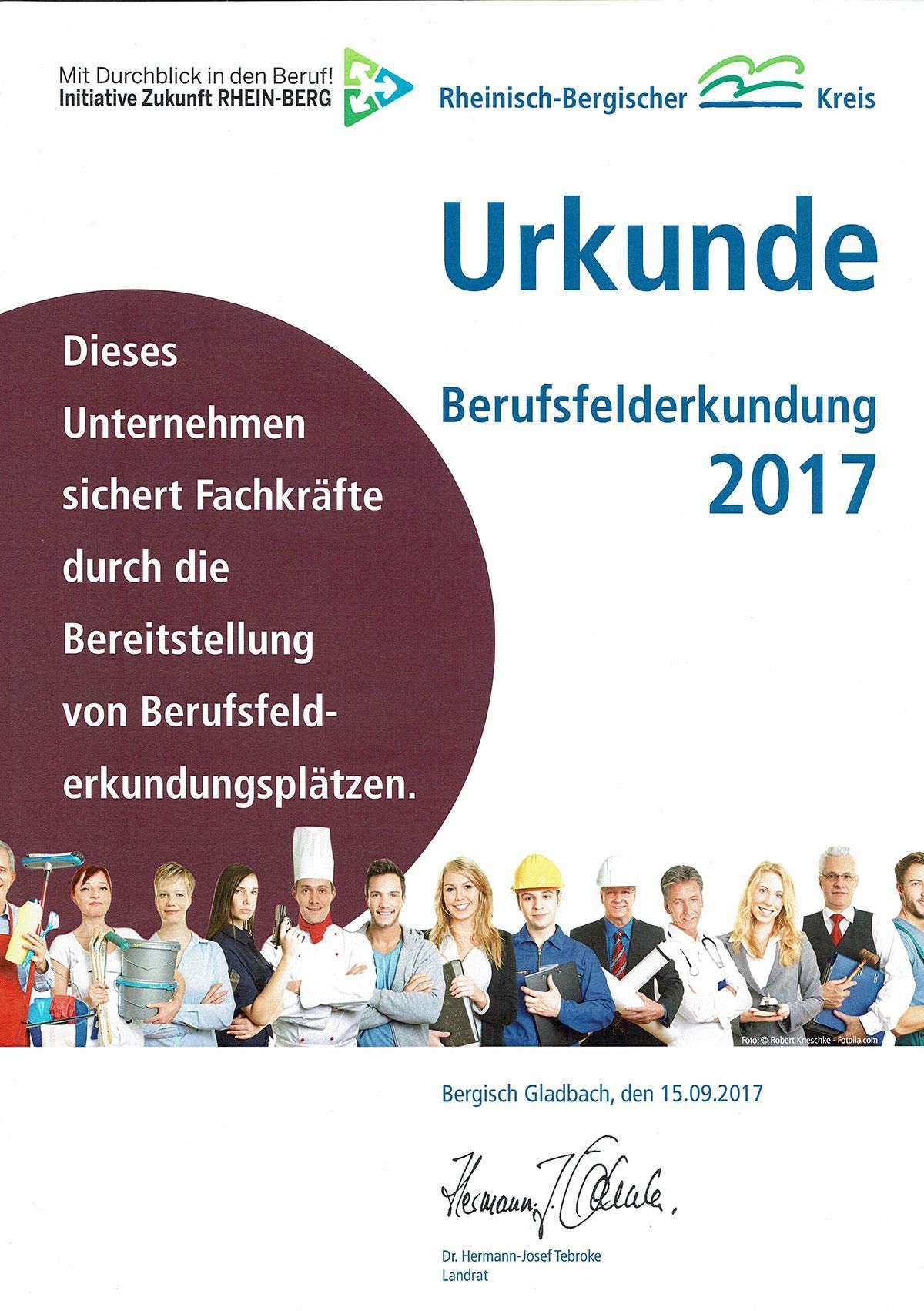 A poster for urkunde berufsfelderkundung 2017