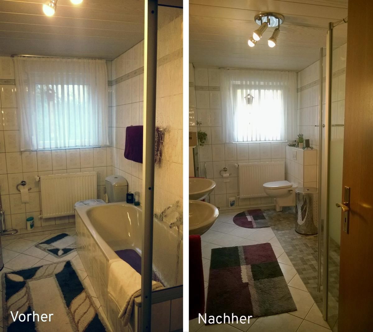 Ein Vorher-Nachher-Bild eines Badezimmers mit den Worten vorher und nachher