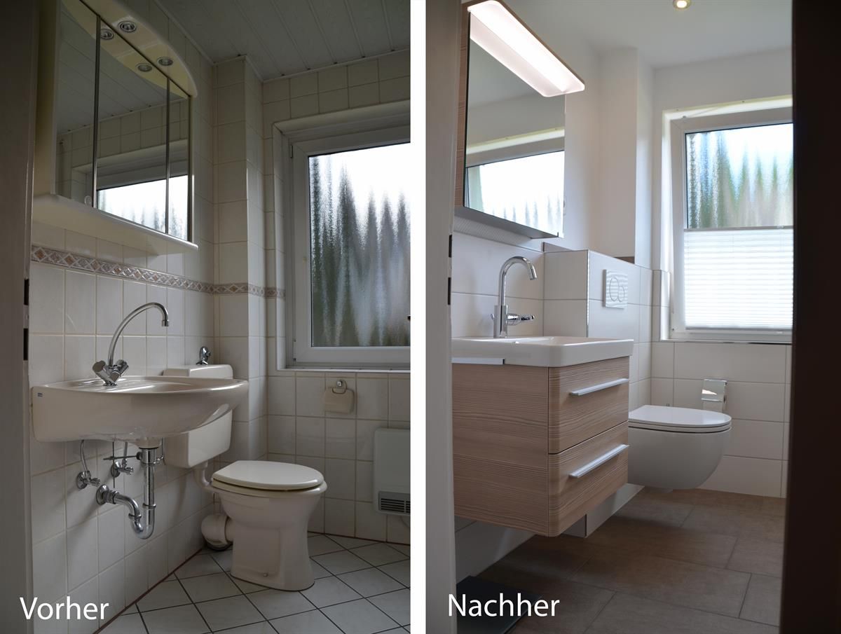 Ein Vorher-Nachher-Foto eines Badezimmers