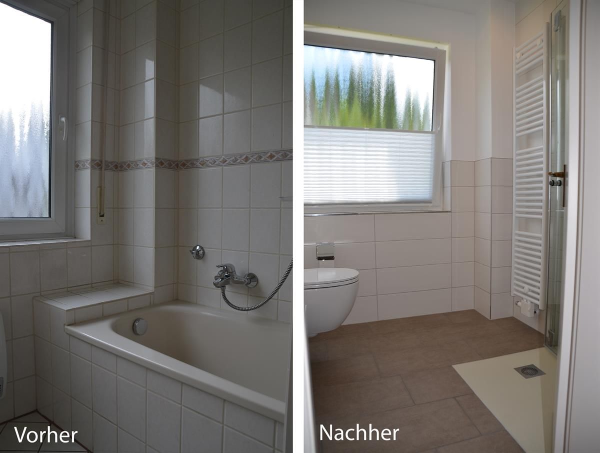 Ein Vorher-Nachher-Bild eines Badezimmers mit den Worten vorher und nachher