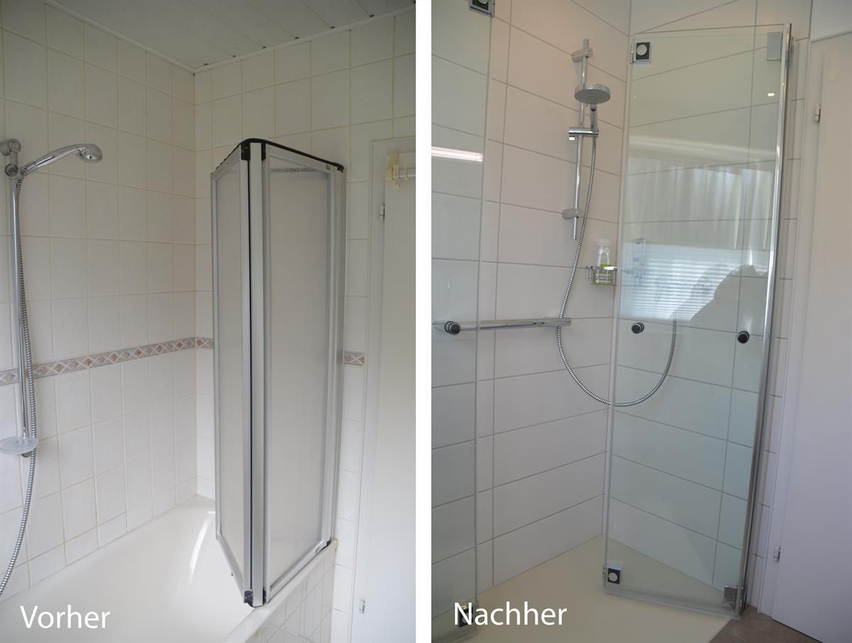 Ein Vorher-Nachher-Bild eines Badezimmers mit den Worten vorher und nachher
