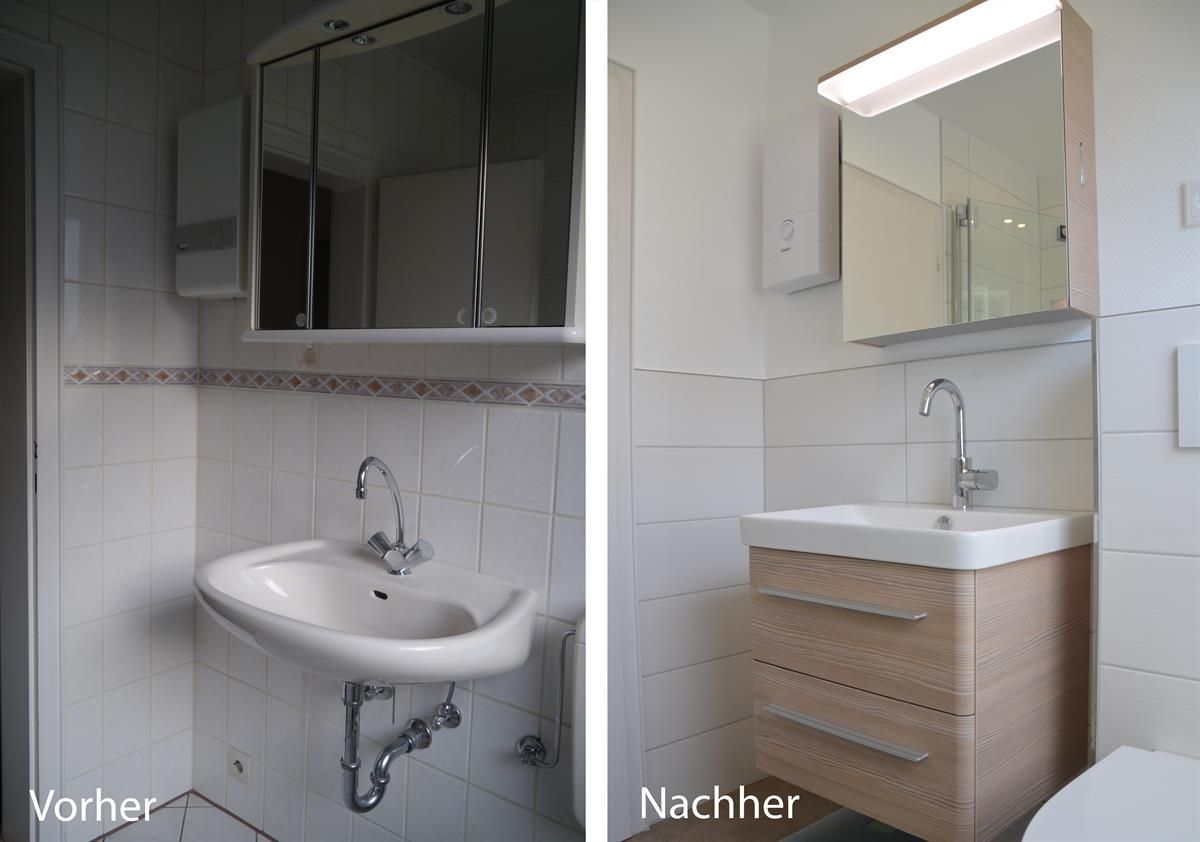 Ein Vorher-Nachher-Foto eines Waschbeckens im Badezimmer