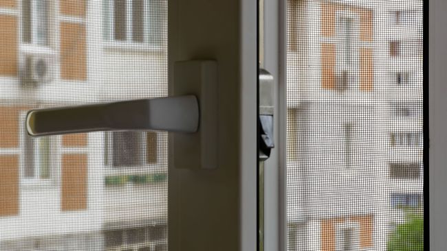 Primer plano de una manija de puerta blanca en una puerta de vidrio con una vista exterior borrosa detrás.