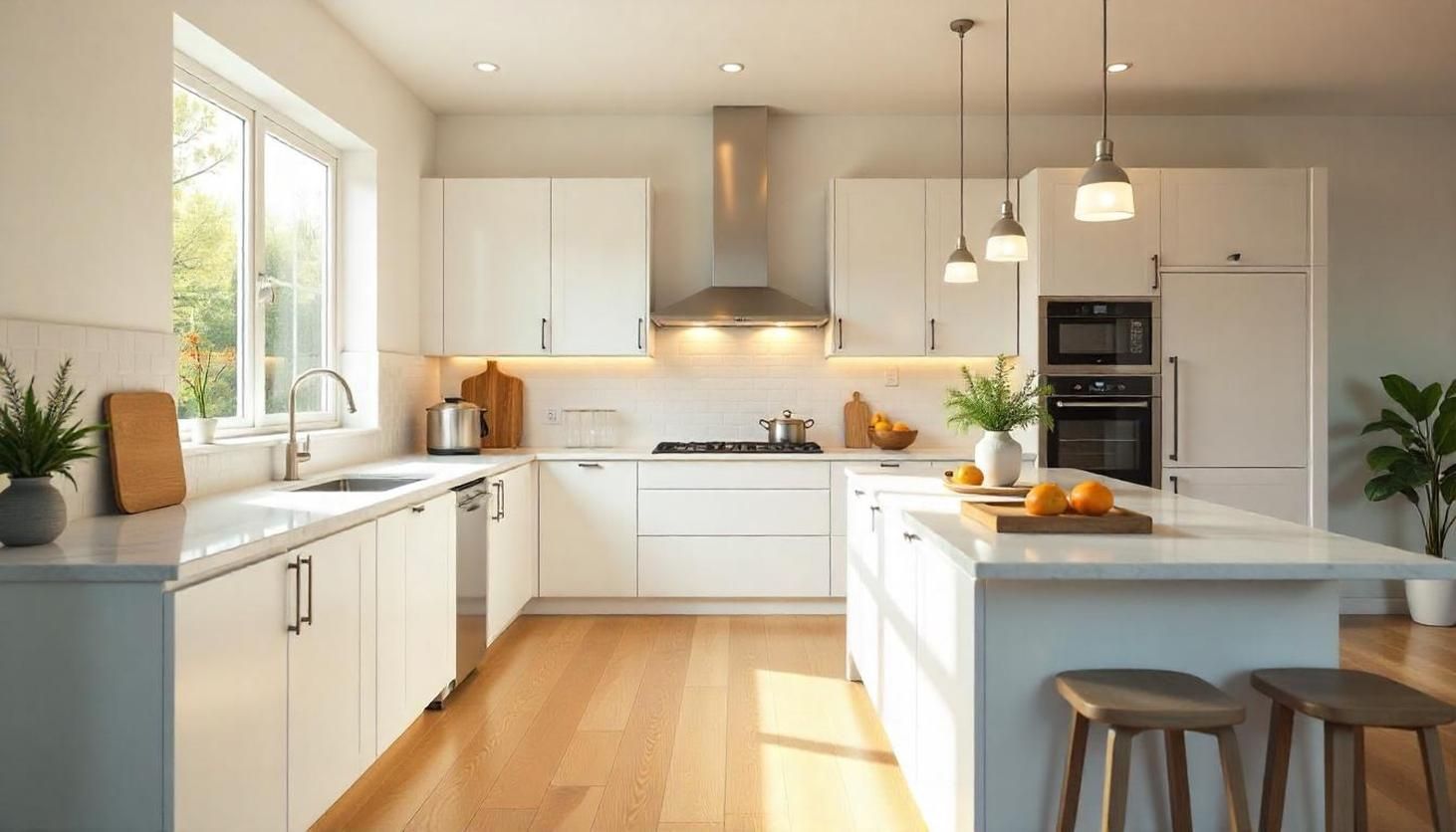 Cocina moderna y luminosa de color blanco con isla, lámparas colgantes, suelo de madera y luz natural 