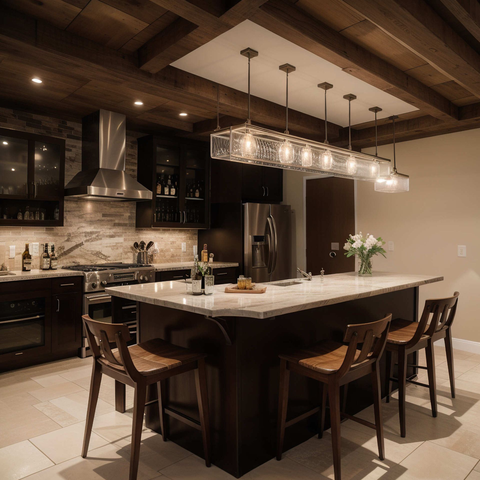 Una cocina con una gran isla y taburetes.