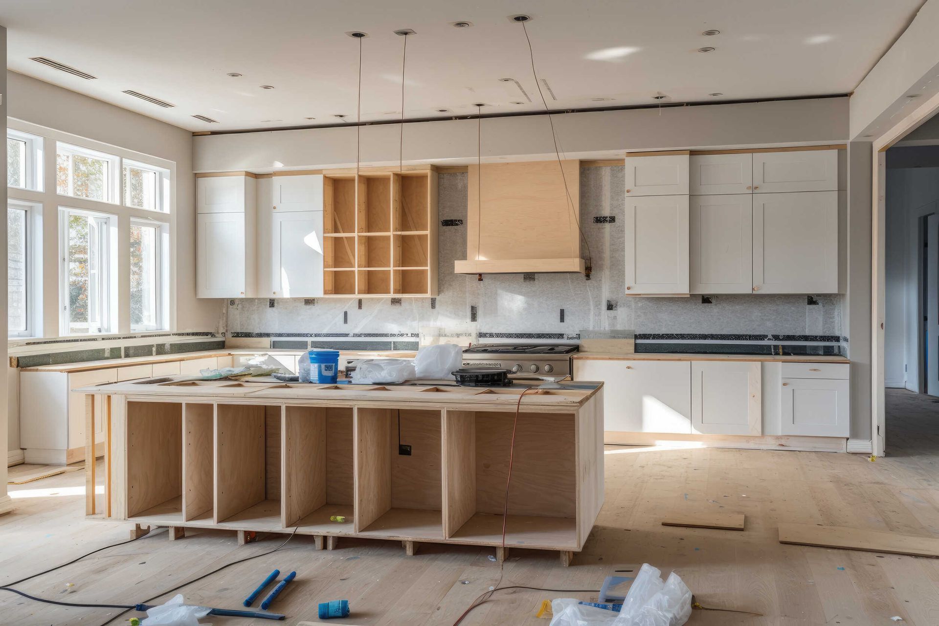 Una cocina en construcción con muebles de madera y una gran isla.