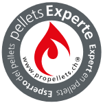 Un logo per esperti di pellet con una fiamma rossa al centro.