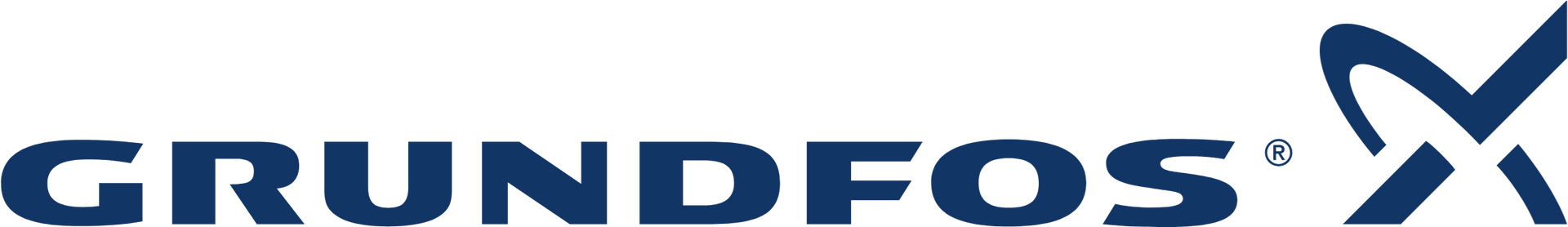 Un logo blu e bianco per grundfos x su uno sfondo bianco