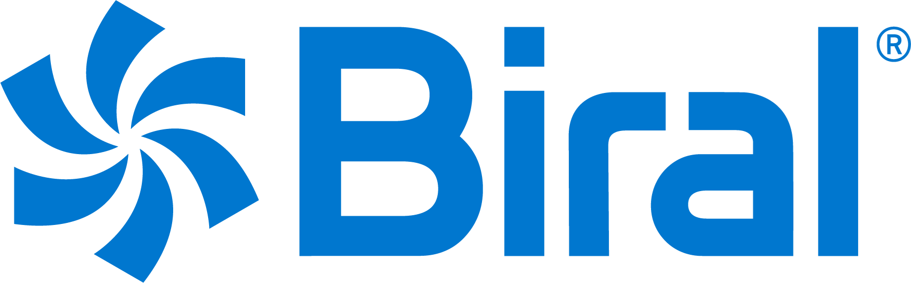 Un logo blu e bianco per Biral con un vortice al centro