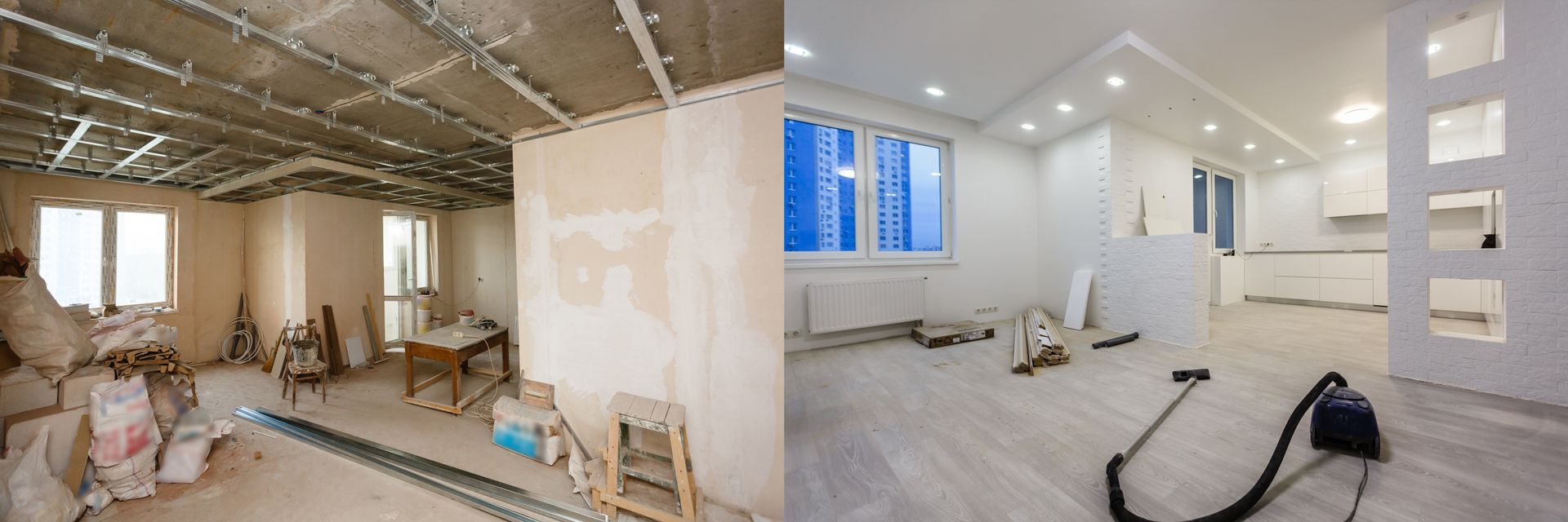 Travaux dans une cuisine avant et après rénovation.