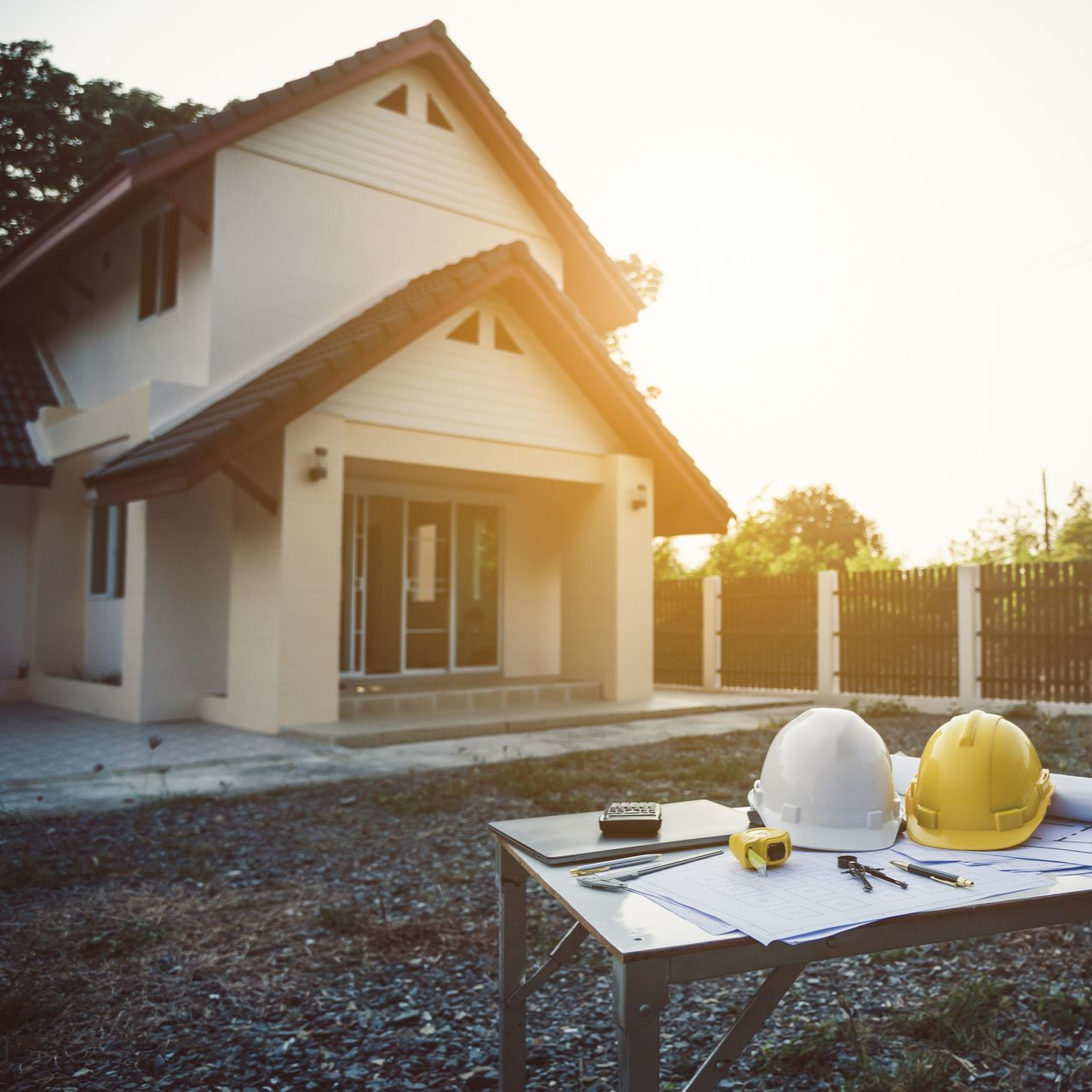 Extérieur d'une maison neuve avec un casque de chantier sur une table et des plans de construction devant.