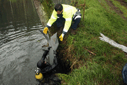 Un buzo en el agua recibe ayuda de alguien en la orilla. Ambos llevan equipo de seguridad.