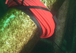 Cuerda roja enrollada y asegurada con correas negras, al aire libre sobre una superficie cubierta de hierba.