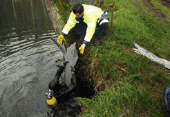 Un buceador con un traje de neopreno oscuro recibe ayuda para salir del agua por parte de una persona con un chaleco de seguridad amarillo, en una orilla cubierta de hierba.