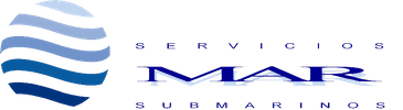 Logotipo de "Servicios Marinos Submarinos" con un globo terráqueo en forma de ola de color azul y blanco y texto en color azul.