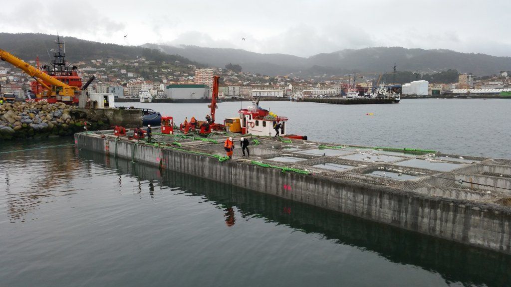 Construcción en un puerto; trabajadores en un muelle de hormigón con grúas y equipos, cielo nublado.
