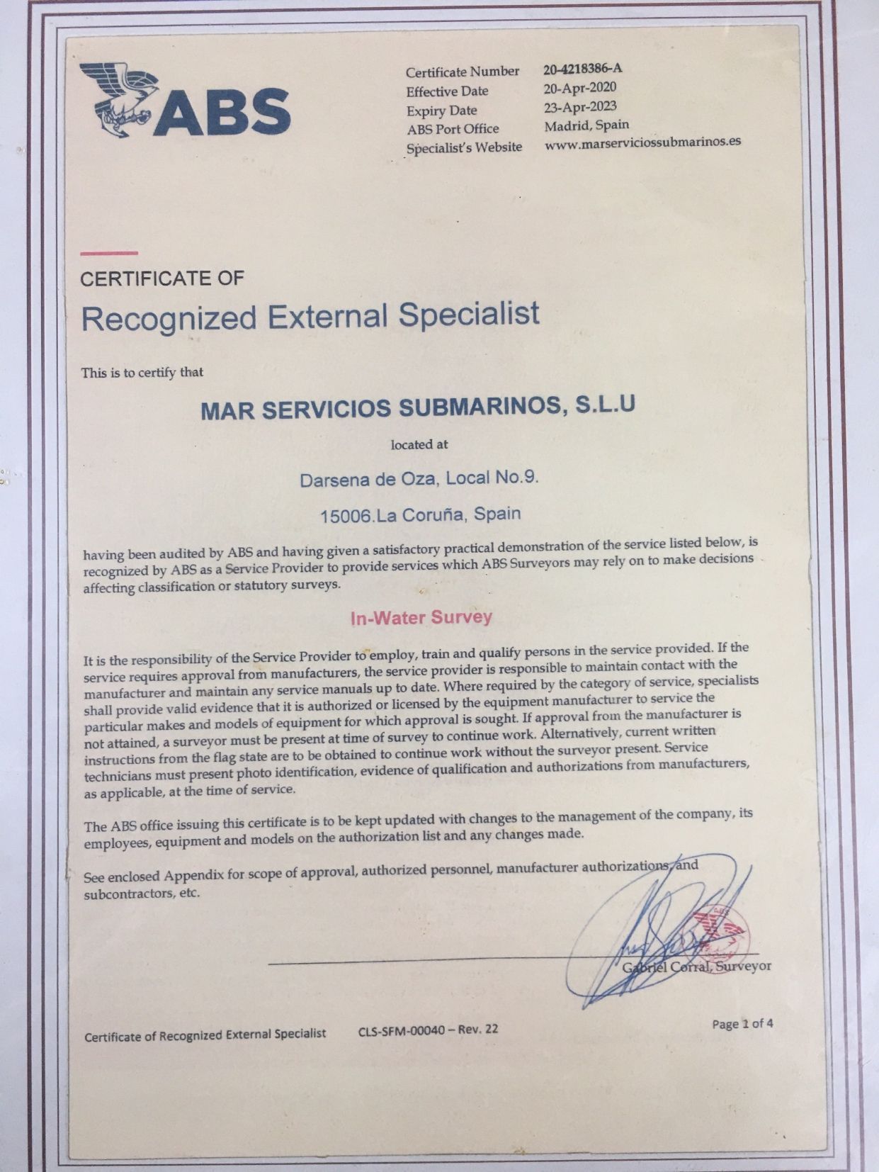 Certificado de ABS que reconoce a MAR SERVICIOS SUBMARINOS, SLU como especialista externo. Incluye texto y firmas.