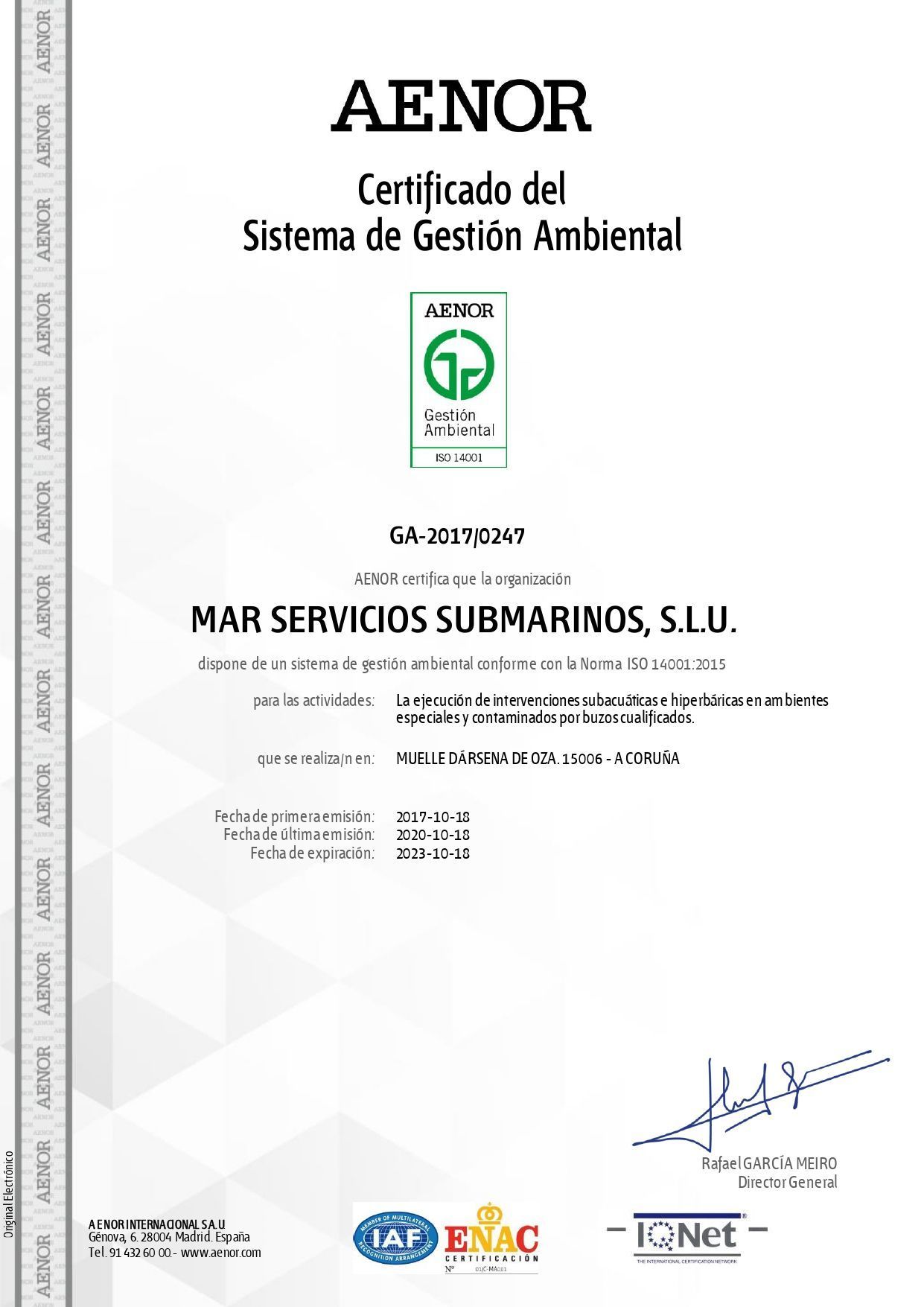 Certificado AENOR para la certificación del Sistema de Gestión Ambiental de MAR SERVICIOS SUBMARINOS, SLU.