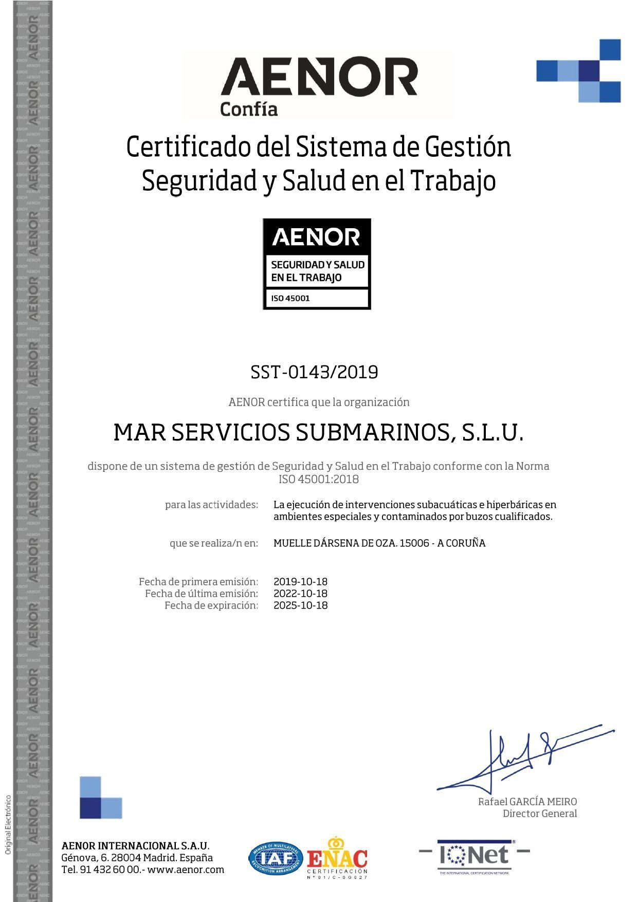 Certificación AENOR para Mar Servicios Submarinos, SLU, indicativa de la gestión de la seguridad y salud en el trabajo.