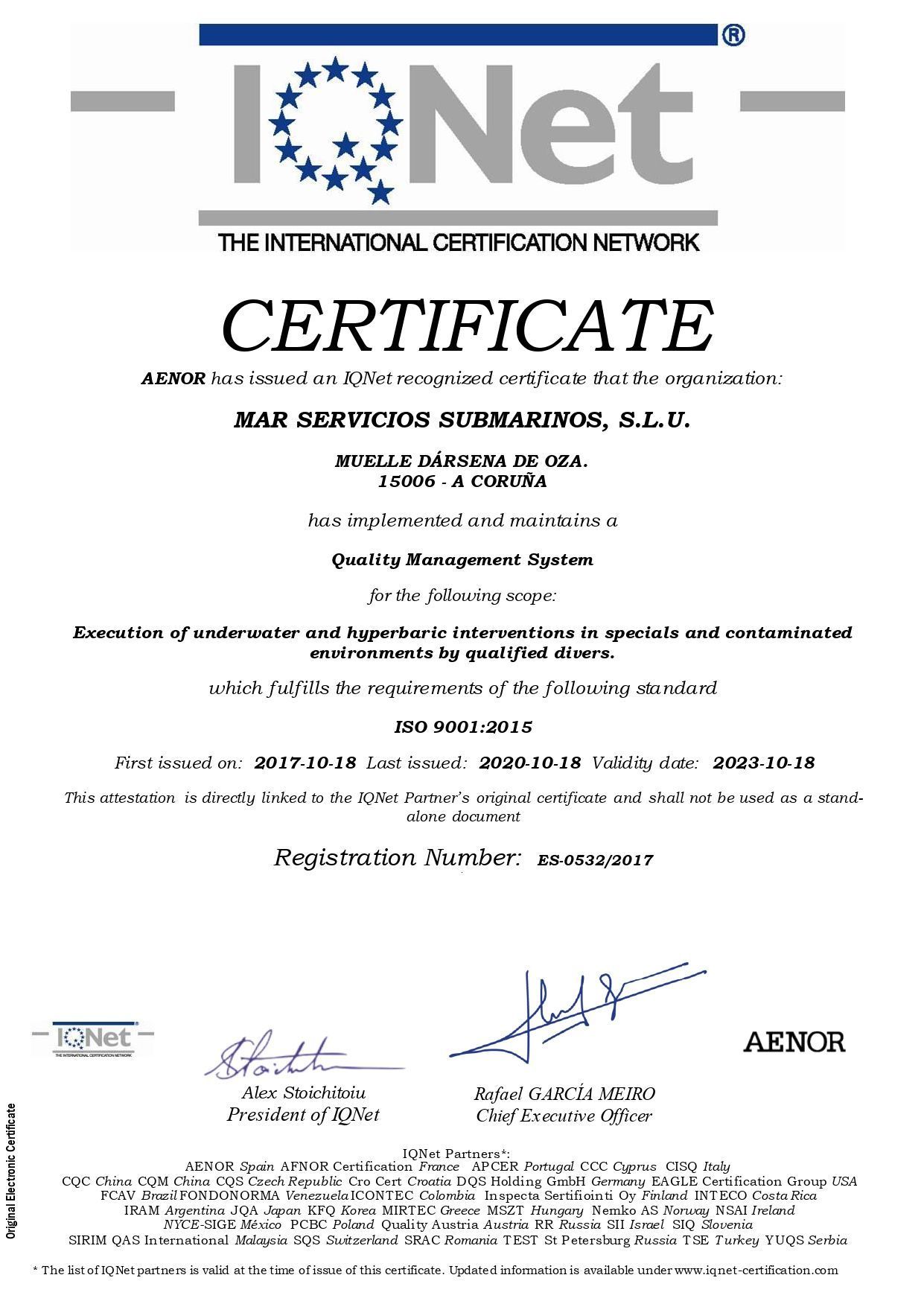 Certificado de IQNet para Sistemas Estacionarios SLU por su sistema de gestión de calidad.