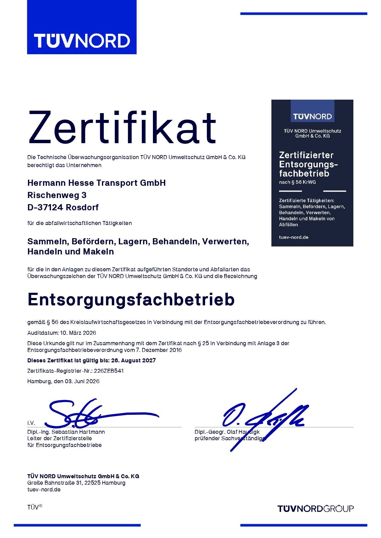 TÜV NORD-Zertifikat mit blauem Logo und Unterschriften