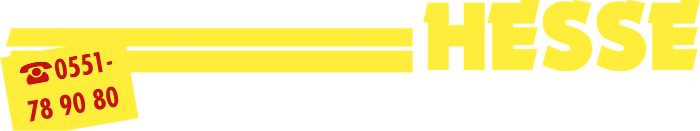 Gelbes HESSE-Banner mit roter Telefonnummer auf der linken Seite.