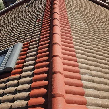 Tejado inclinado de tejas con cumbrera roja y una ventana en el lado izquierdo.