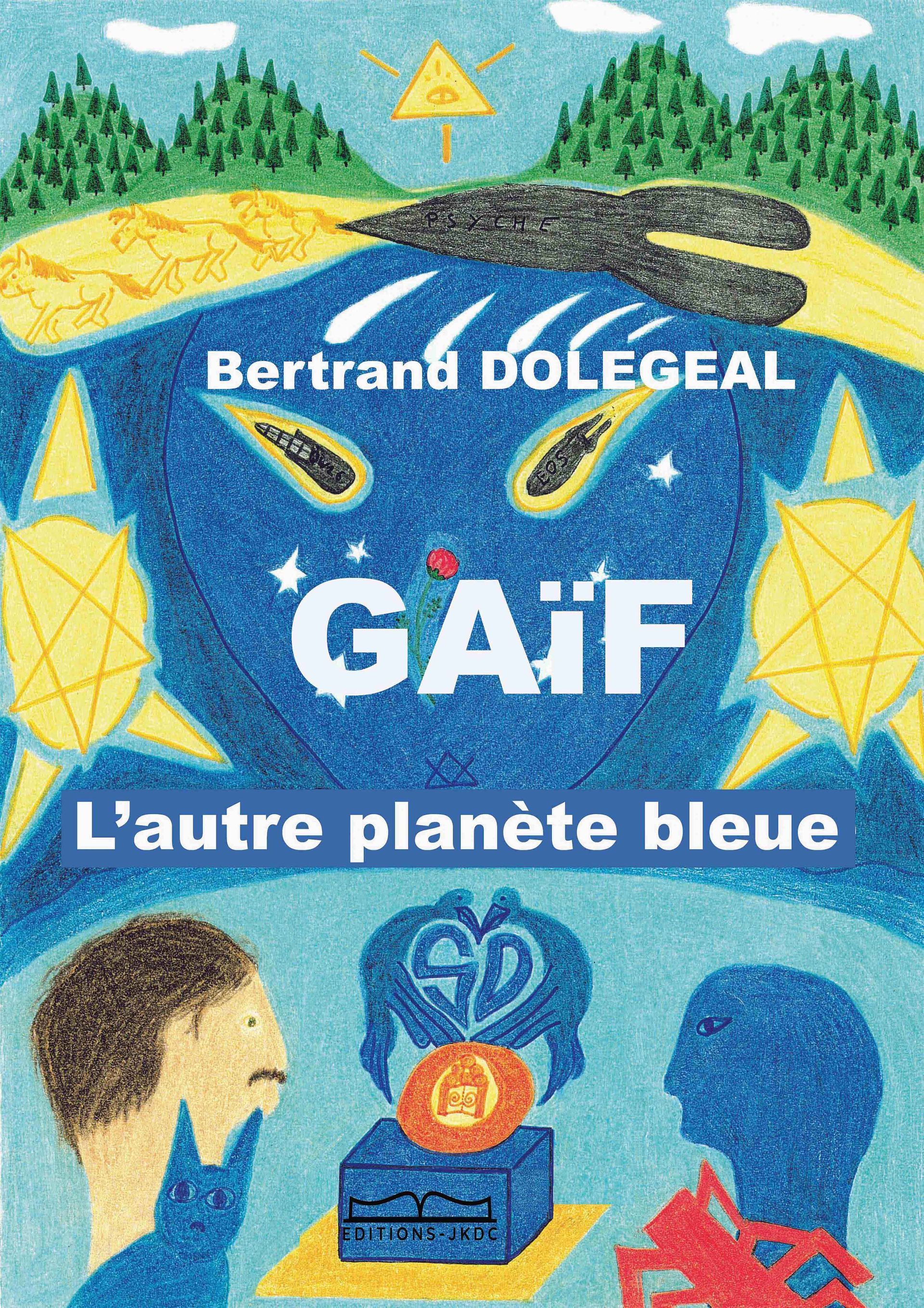 Couverture d'un livre avec deux personnages et un fond bleu et jaune