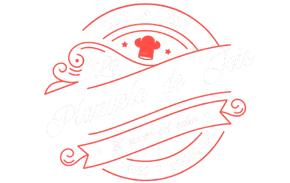 Logotipo rojo y blanco con un gorro de chef, estrellas y estandartes en forma de pergamino, posiblemente para un restaurante.