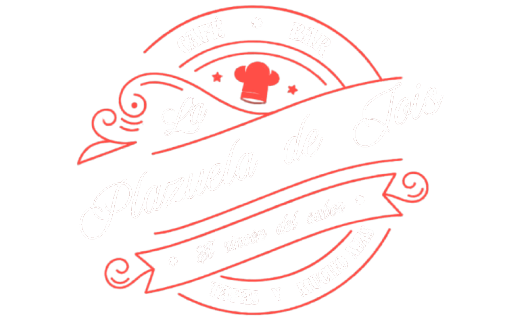 Logotipo rojo y blanco con un gorro de chef, estrellas y estandartes en forma de pergamino, posiblemente para un restaurante.