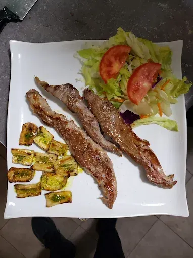 Plato de carne a la parrilla, berenjenas y ensalada con tomates.