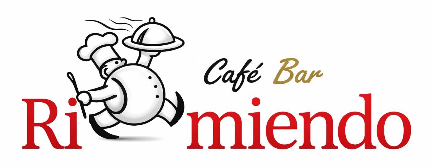 Logotipo para "Rimiendo Café Bar", con un chef de dibujos animados corriendo y sosteniendo un plato.