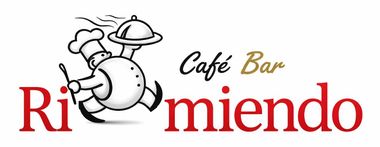 Logotipo para "Rimiendo Café Bar", con un chef de dibujos animados corriendo y sosteniendo un plato.