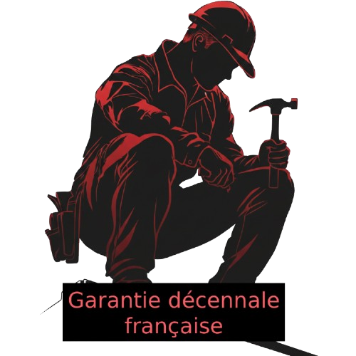 Silhouette dessinée en rouge et noir d'un ouvrier du bâtiment accroupi avec un marteau.