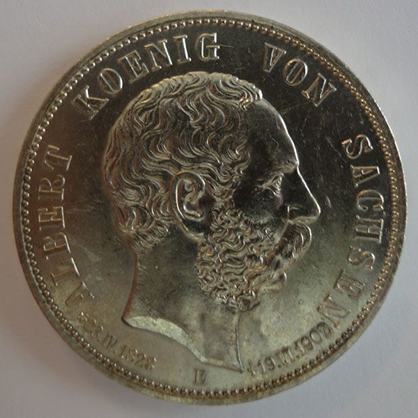 Silbermünze mit dem Profil von Albrecht, König von Sachsen. Text um den Rand.