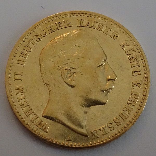 Gold coin with a profile of Wilhelm II and text.