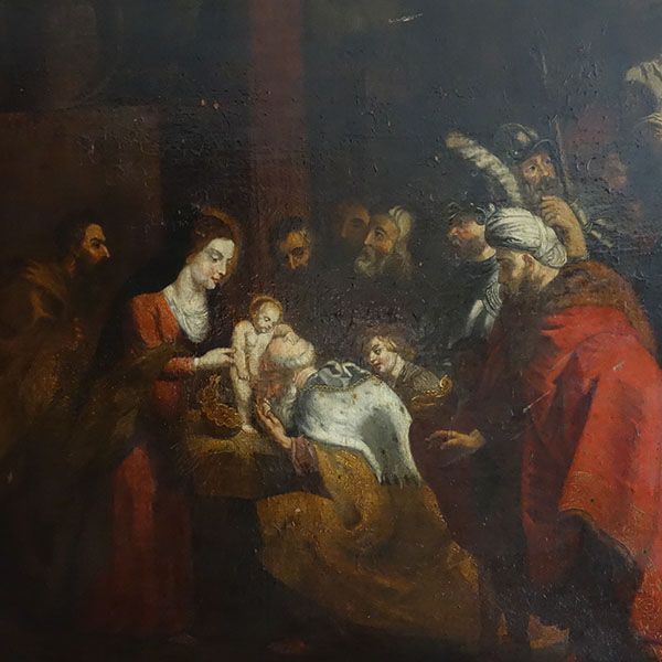 Gemälde: Maria präsentiert den Zuschauern das Jesuskind. Rote und goldene Gewänder. Dunkles Interieur.