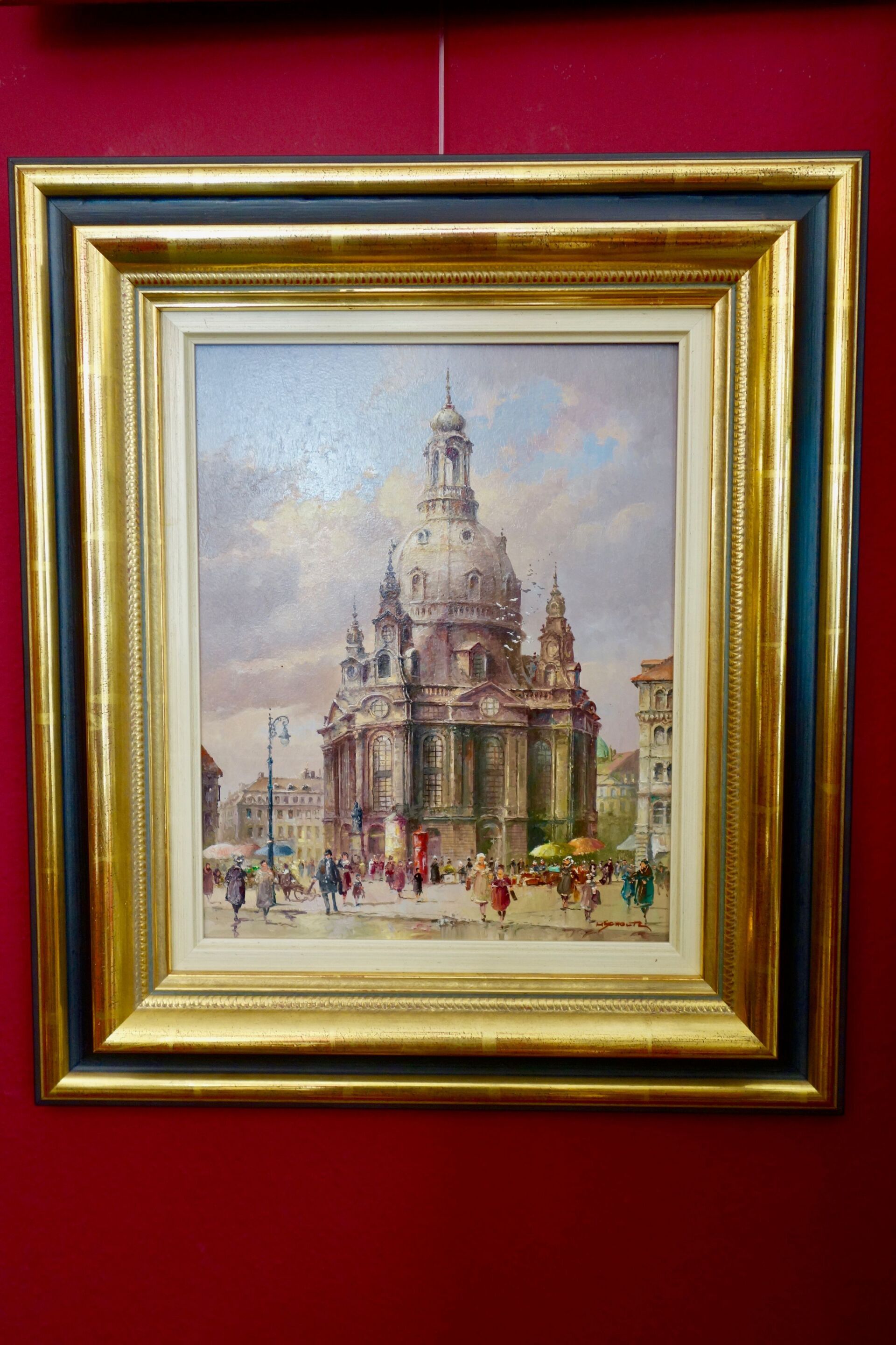 Gerahmtes Gemälde der Dresdner Frauenkirche, einer Barockkirche, mit Personen und Stadtkulisse.