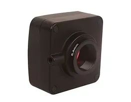 Cámara industrial negra con lente, puerto lateral y marca