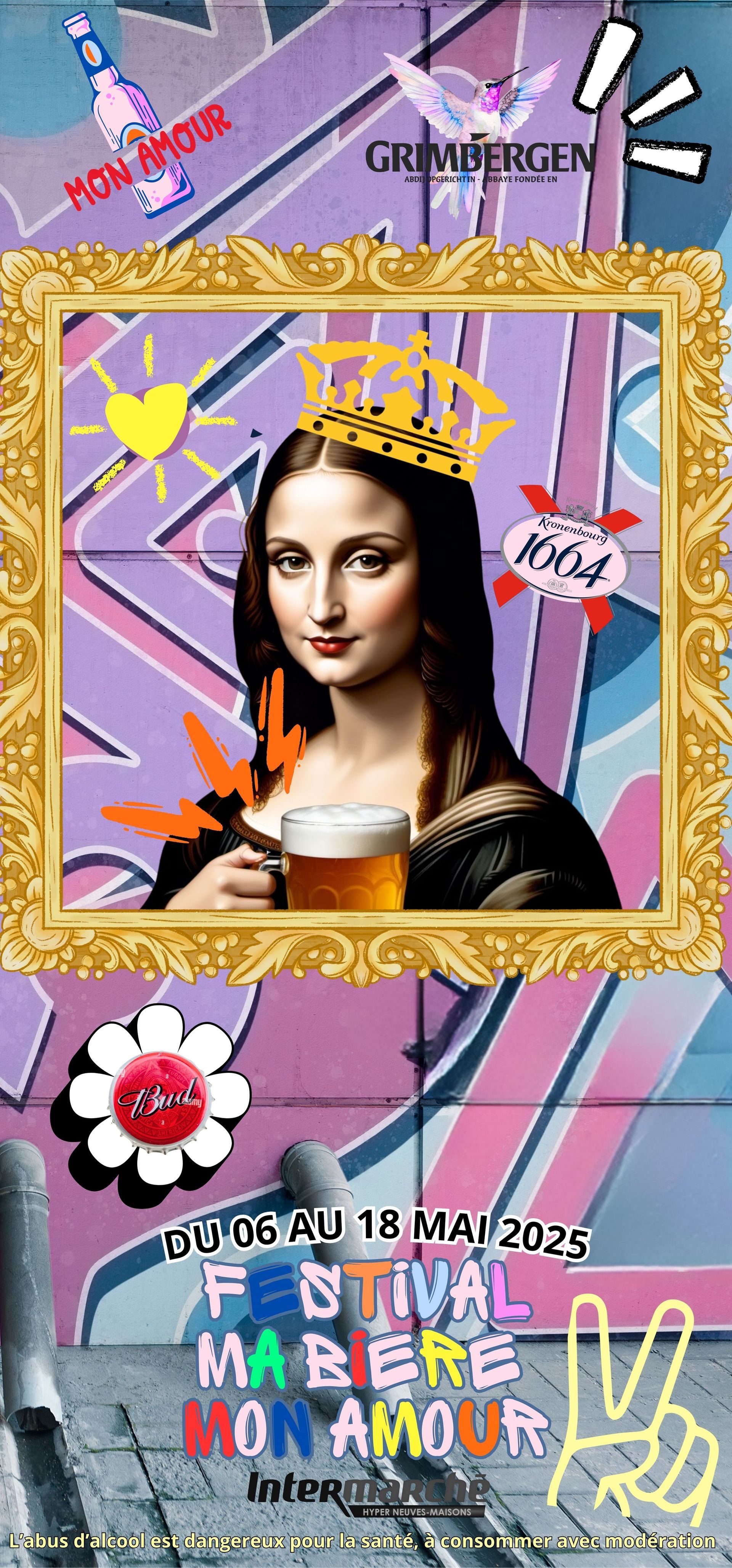 Dessin de Mona Lisa avec une couronne sur le tête en train de boire une bière dans un cadre doré, logos des marques de bières 1664, Bud et Grimbergen.