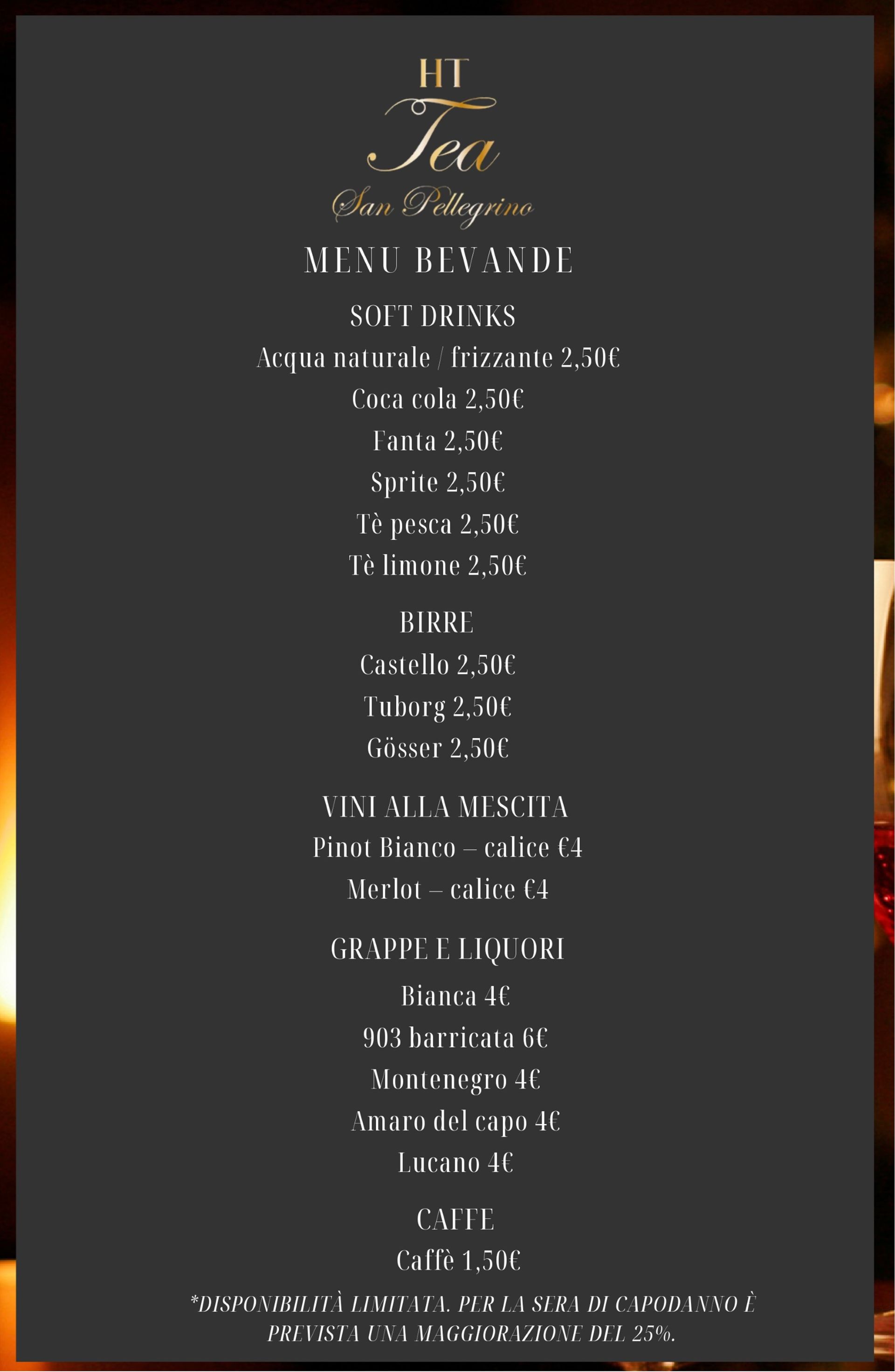 Menù di Tea San Pellegrino, con bevande analcoliche, vino, grappa e caffè. Sfondo scuro, testo dorato.