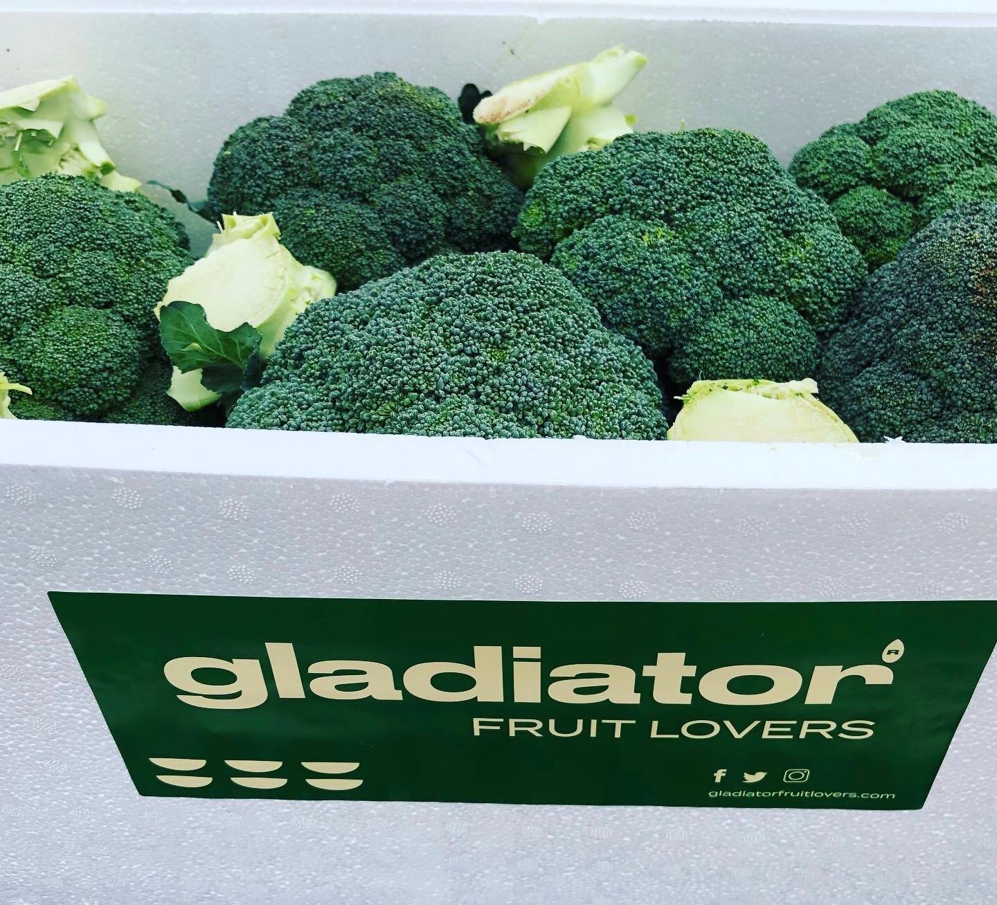 Tres cajas de productos: brócoli en dos, melón en una.