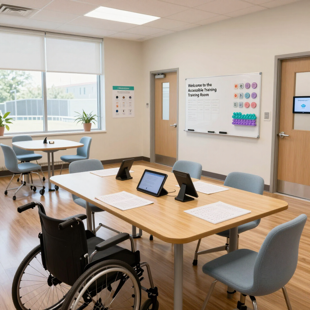 Salle de réunion accessible aux personnes à mobilité réduite, équipée d'un fauteuil roulant, d'une table ronde, de chaises, d'un tableau blanc et d'une grande fenêtre.